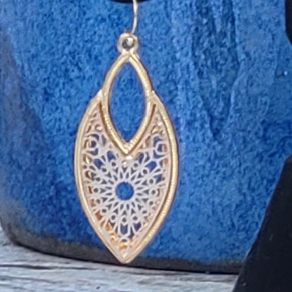 Oblong Dangle Gold Tone Earrings - Picture 4 of 5